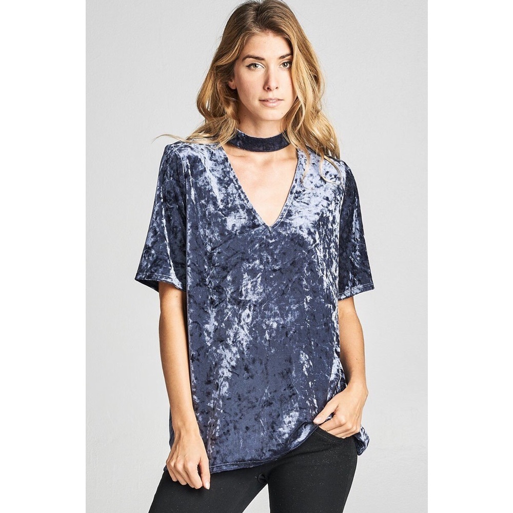 Blue Velvet Neck Cut Out Top